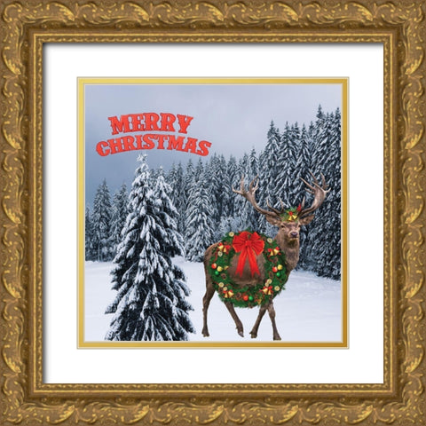 Moose Christmas Gold Ornate Wood Framed Art Print with Double Matting by Burney, Yvonne Coleman