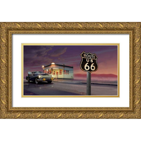 Route 66 Gold Ornate Wood Framed Art Print with Double Matting by Yellow Cafe