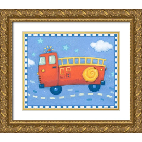 Blue Firetruck Gold Ornate Wood Framed Art Print with Double Matting by Yellow Cafe