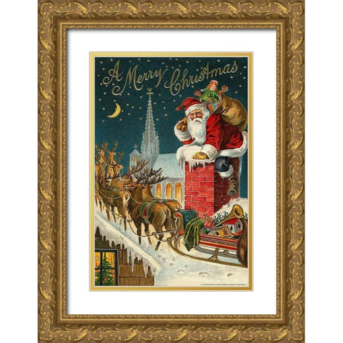 Santa Chimney Gold Ornate Wood Framed Art Print with Double Matting by Yellow Cafe