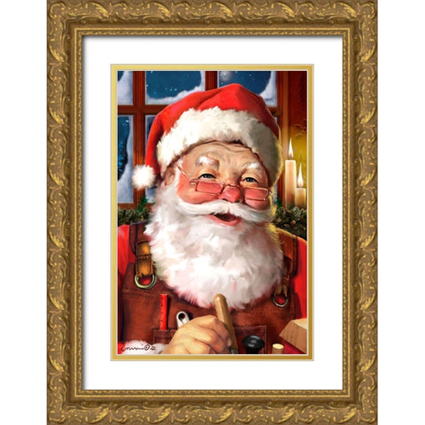 Working Santa Gold Ornate Wood Framed Art Print with Double Matting by Yellow Cafe
