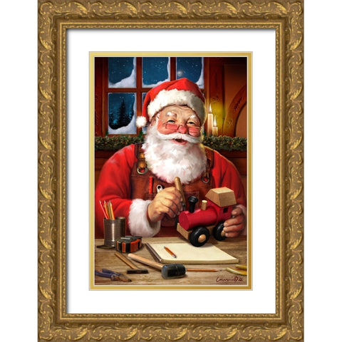 Santa in Workshop Gold Ornate Wood Framed Art Print with Double Matting by Yellow Cafe