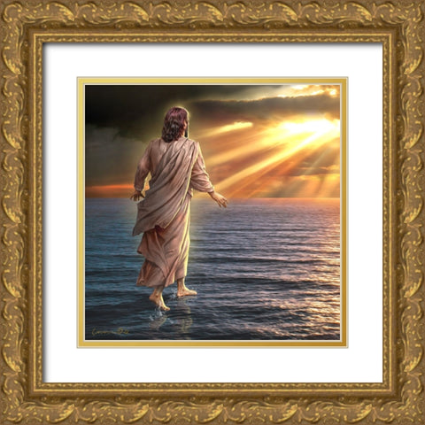 Jesus Walking on Water Gold Ornate Wood Framed Art Print with Double Matting by Yellow Cafe