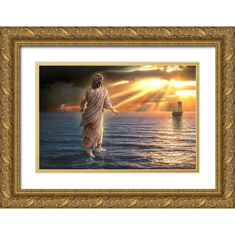 Jesus Walking on Water II Gold Ornate Wood Framed Art Print with Double Matting by Yellow Cafe