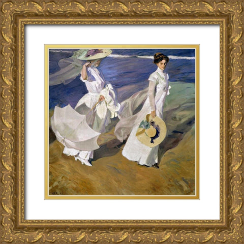 Strolling along the Seashore Gold Ornate Wood Framed Art Print with Double Matting by Sorolla y Bastida, Joaquin