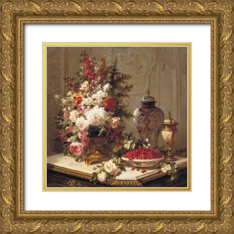 Floral composition on a table Gold Ornate Wood Framed Art Print with Double Matting by Robie, Jean-Baptiste