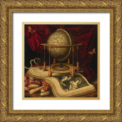 Still Life with Celestial Globe, a Book, Shells, a Snake and Butterflies  Gold Ornate Wood Framed Art Print with Double Matting by Luyckx, Carstian