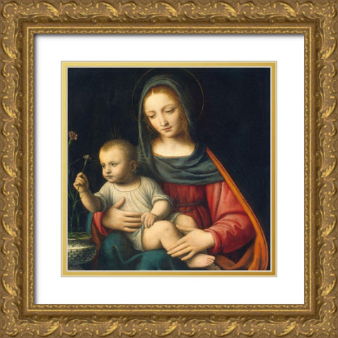 Madonna of the Carnation Gold Ornate Wood Framed Art Print with Double Matting by Luini, Bernardino