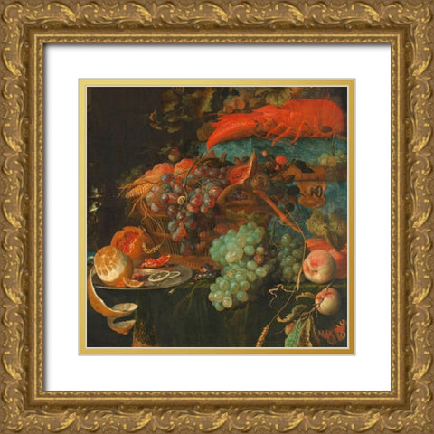 Still Life with Fruit and a Goldfinch (detail) Gold Ornate Wood Framed Art Print with Double Matting by Mignon, Abraham