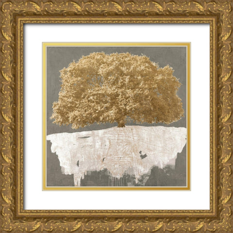 Golden Tree on Grey Gold Ornate Wood Framed Art Print with Double Matting by Aprile, Alessio