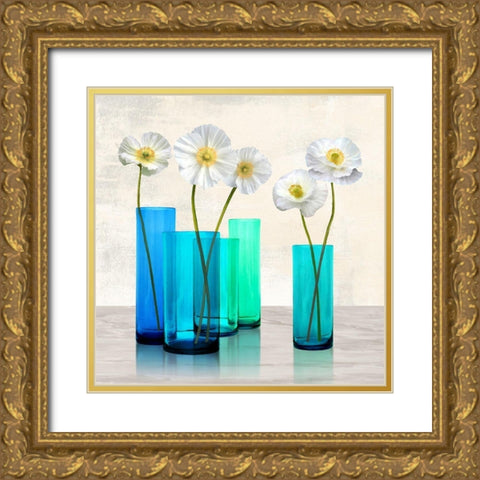 Poppies in crystal vases (Aqua I) Gold Ornate Wood Framed Art Print with Double Matting by Cynthia, Ann