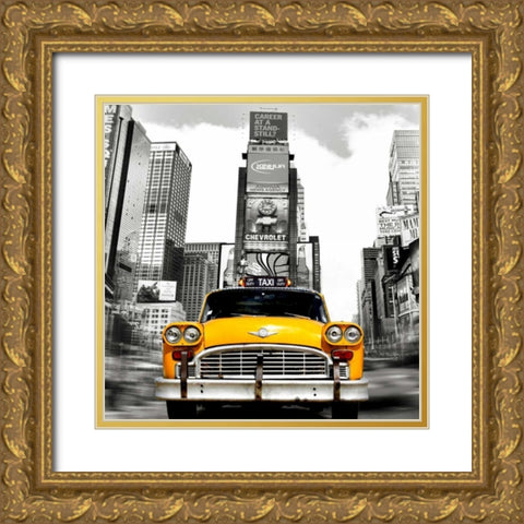 Vintage Taxi in Times Square, NYC (detail) Gold Ornate Wood Framed Art Print with Double Matting by Lauren