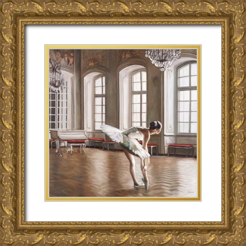 Rehearsing Ballerina Gold Ornate Wood Framed Art Print with Double Matting by Benson, Pierre