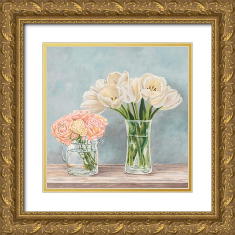 Fleurs et Vases Aquamarine I Gold Ornate Wood Framed Art Print with Double Matting by Dellal, Remy