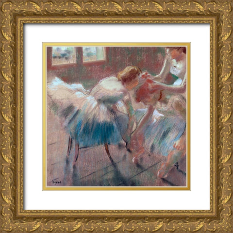 Three Dancers preparing for Class Gold Ornate Wood Framed Art Print with Double Matting by Degas, Edgar