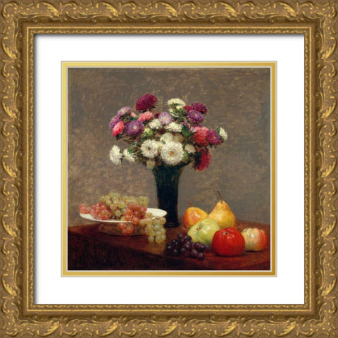 Asters and Fruit on a Table Gold Ornate Wood Framed Art Print with Double Matting by Fantin-Latour, Henri