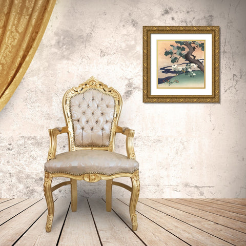Tree, Stream and Flowers Gold Ornate Wood Framed Art Print with Double Matting by Kogyo, Tsukioka