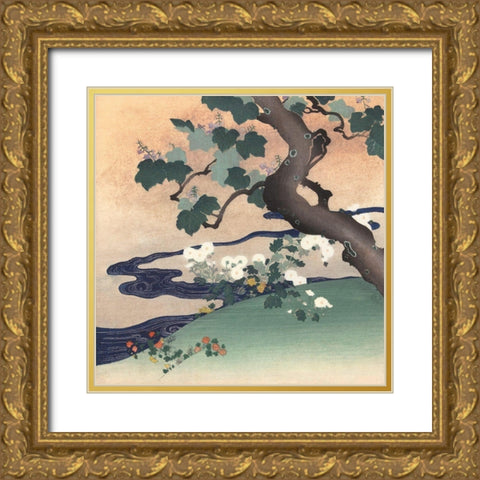 Tree, Stream and Flowers Gold Ornate Wood Framed Art Print with Double Matting by Kogyo, Tsukioka