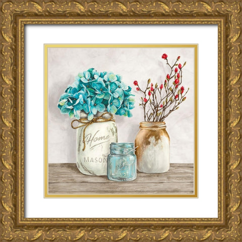 Floral composition with Mason Jars I Gold Ornate Wood Framed Art Print with Double Matting by Jenny, Thomlinson