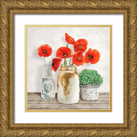 Floral composition with Mason Jars II Gold Ornate Wood Framed Art Print with Double Matting by Jenny, Thomlinson