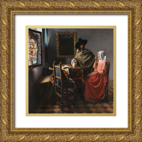 The Wine Glass - detail Gold Ornate Wood Framed Art Print with Double Matting by Vermeer, Jan