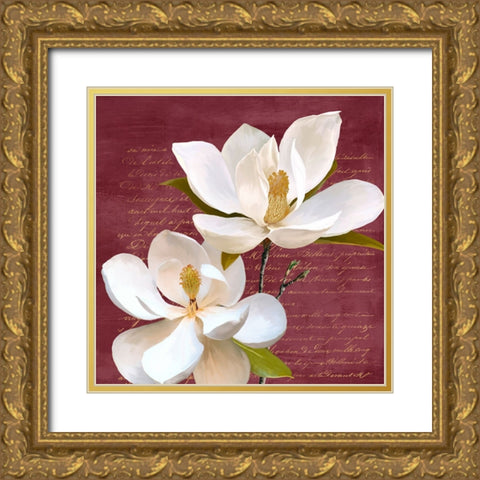 Burgundy Magnolia II Gold Ornate Wood Framed Art Print with Double Matting by Villa, Luca