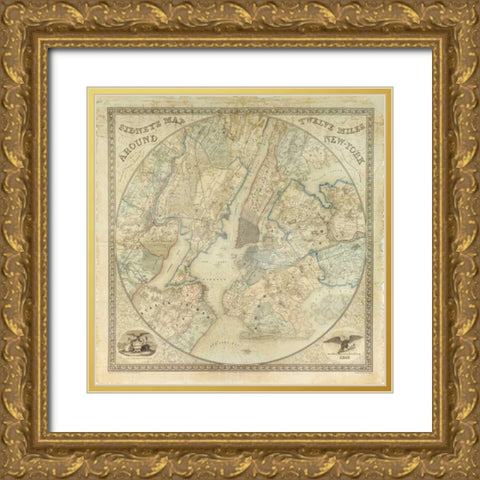 Twelve Miles around NY Map, 1849 Gold Ornate Wood Framed Art Print with Double Matting by Anonymous