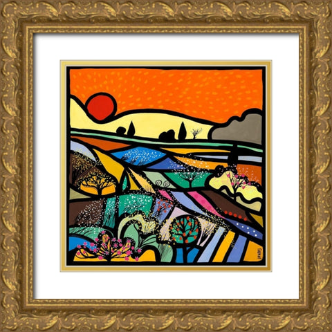 Lavender Fields at Sunset Gold Ornate Wood Framed Art Print with Double Matting by Wallas