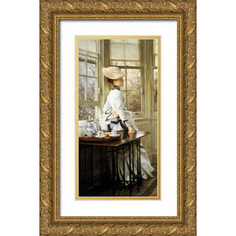 Reading the News (detail) Gold Ornate Wood Framed Art Print with Double Matting by Tissot, James