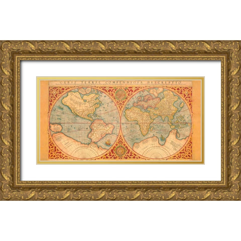 Orbis Terrae Compendiosa Descriptio 1587 Gold Ornate Wood Framed Art Print with Double Matting by Anonymous