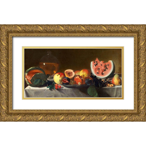 Still Life with Fruit and Carafe Gold Ornate Wood Framed Art Print with Double Matting by Pensionante del Saraceni