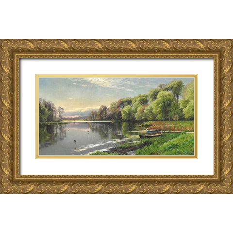 The Mill Pond Gold Ornate Wood Framed Art Print with Double Matting by Monsted, Peder Mork