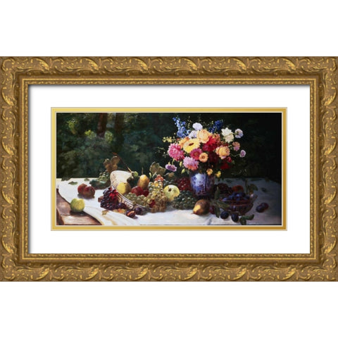 Vase of Flowers and Fruit on a Draped Table Gold Ornate Wood Framed Art Print with Double Matting by Burghardt, Adam