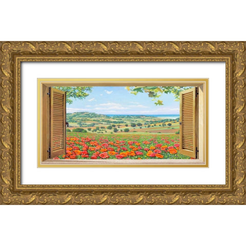 Finestra su campo di papaveri Gold Ornate Wood Framed Art Print with Double Matting by Del Missier, Andrea
