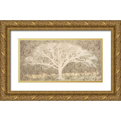 Tree on a Grey Brocade Gold Ornate Wood Framed Art Print with Double Matting by Aprile, Alessio