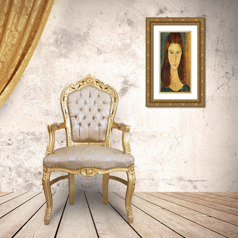 Jeanne Hebuterne Gold Ornate Wood Framed Art Print with Double Matting by Modigliani, Amedeo