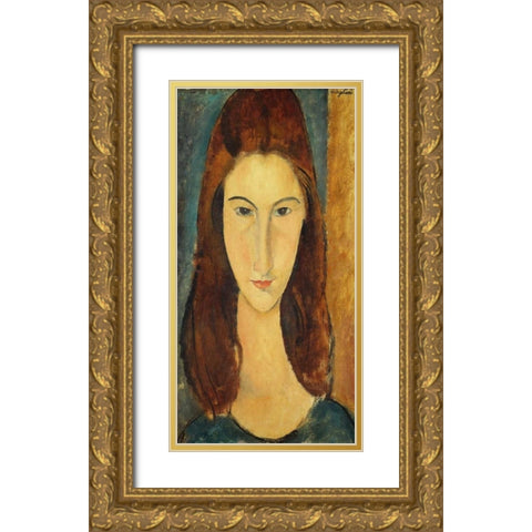 Jeanne Hebuterne Gold Ornate Wood Framed Art Print with Double Matting by Modigliani, Amedeo