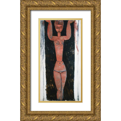 Caryatid Rouge Gold Ornate Wood Framed Art Print with Double Matting by Modigliani, Amedeo