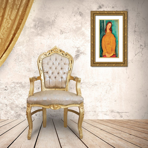 Portrait of Jeanne HeÂ´buterne Gold Ornate Wood Framed Art Print with Double Matting by Modigliani, Amedeo