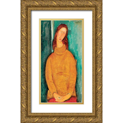 Portrait of Jeanne HeÂ´buterne Gold Ornate Wood Framed Art Print with Double Matting by Modigliani, Amedeo