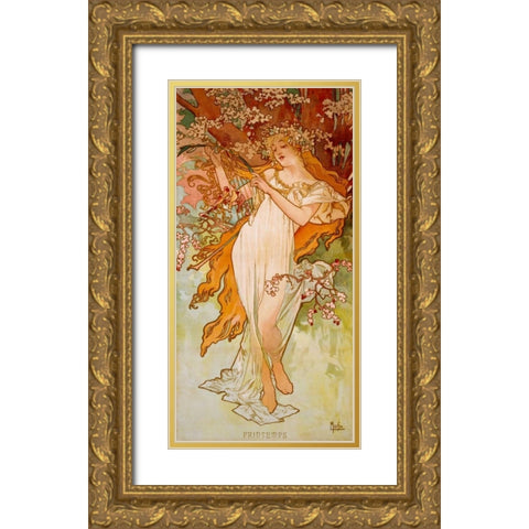 Printemps Gold Ornate Wood Framed Art Print with Double Matting by Mucha, Alphonse