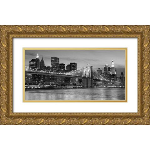 Brooklyn Bridge at Night Gold Ornate Wood Framed Art Print with Double Matting by Anonymous