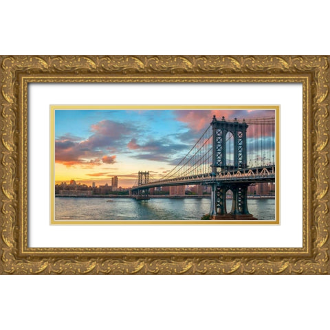 Manhattan Bridge at sunset, NYC Gold Ornate Wood Framed Art Print with Double Matting by Anonymous