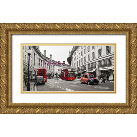 Buses and taxis in Oxford Street, London Gold Ornate Wood Framed Art Print with Double Matting by Pangea Images
