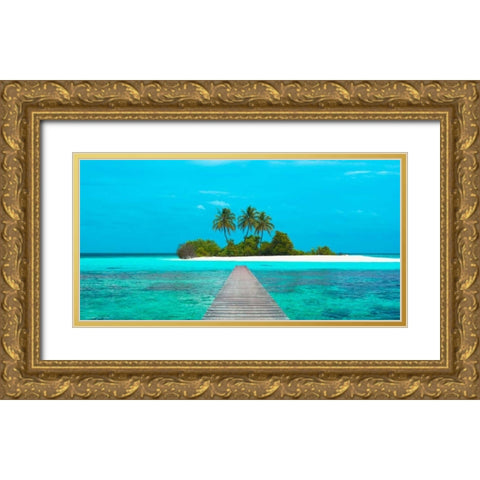 Jetty and Maldivian island Gold Ornate Wood Framed Art Print with Double Matting by Pangea Images