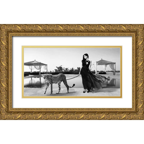 Woman with Cheetah Gold Ornate Wood Framed Art Print with Double Matting by Lauren, Julian