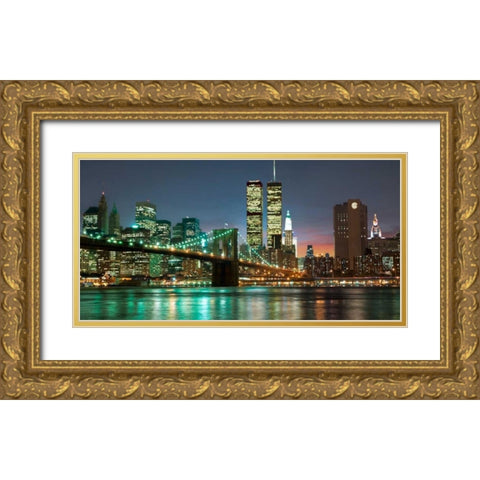 The Brooklyn Bridge and Twin Towers at Night Gold Ornate Wood Framed Art Print with Double Matting by Mancini, Barry