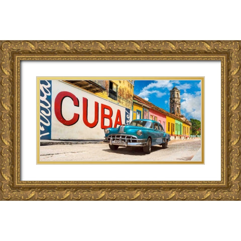 Vintage car and mural- Cuba Gold Ornate Wood Framed Art Print with Double Matting by Pangea Images