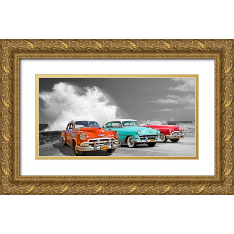 Cars in Avenida de Maceo- Havana- Cuba Gold Ornate Wood Framed Art Print with Double Matting by Pangea Images