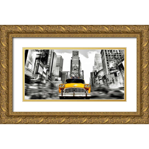 Vintage Taxi in Times Square, NYC Gold Ornate Wood Framed Art Print with Double Matting by Lauren